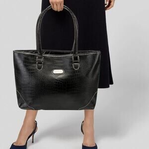 Bob Mackie NEW Croc Embossed Leather Tote Womens Black Large Handbag Purse